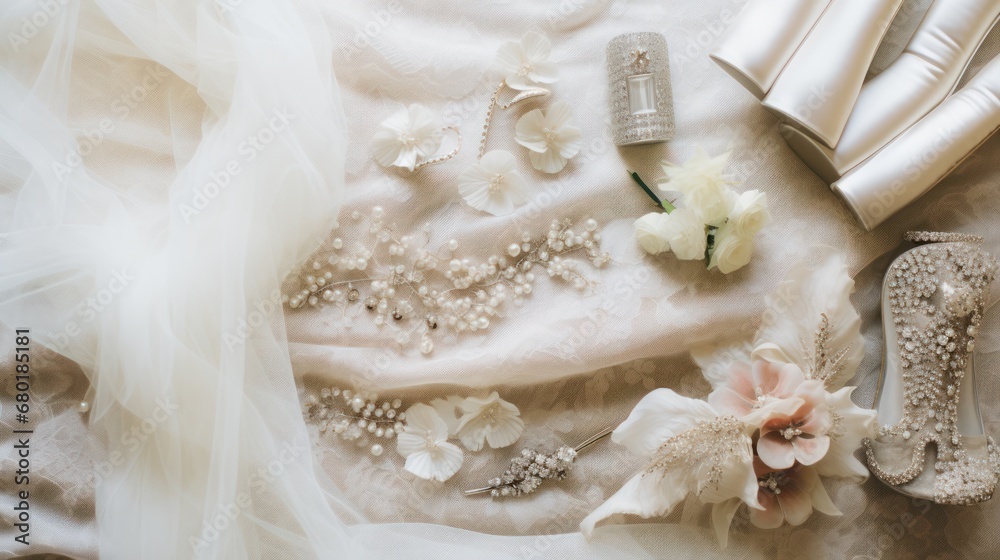 a close up of a wedding dress, shoes, and flowers on a white cloth with pearls and pearls on the bottom of the dress and the bottom of the shoes.