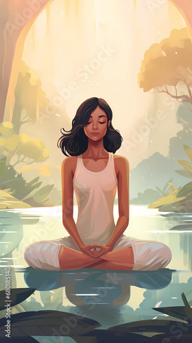  Illustration of a woman practicing meditation, yoga, relaxation in calm park, with tranquility, peaceful mind, well-being and serenity - Generated by Generative AI