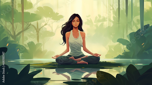  Illustration of a woman practicing meditation, yoga, relaxation in calm park, with tranquility, peaceful mind, well-being and serenity - Generated by Generative AI © Zubenko Oleksii