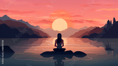  Illustration of a woman practicing meditation  yoga  relaxation in calm park  with tranquility  peaceful mind  well-being and serenity - Generated by Generative AI