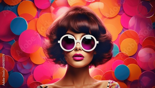 A woman with brown, short hair and oversized glasses, dressed in retro fashion, stands against a colorful background, perfect for vintage style or creative beauty concepts.
