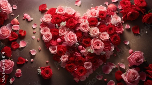  a heart - shaped arrangement of pink and red roses on a black surface with petals scattered all over the edges of the heart, with a few petals scattered around the edges of the petals.