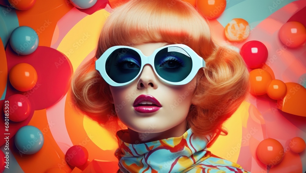 A woman in retro fashion with an orange wig and colorful background, perfect for vintage style or creative beauty concepts.