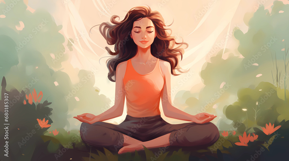 Illustration of a woman practicing meditation, yoga, relaxation in calm park, with tranquility, peaceful mind, well-being and serenity - Generated by Generative AI Illustration of a woman practicing meditation, yoga, relaxation in calm park, with tranquility, peaceful mind, well-being and serenity - Generated by Generative AI