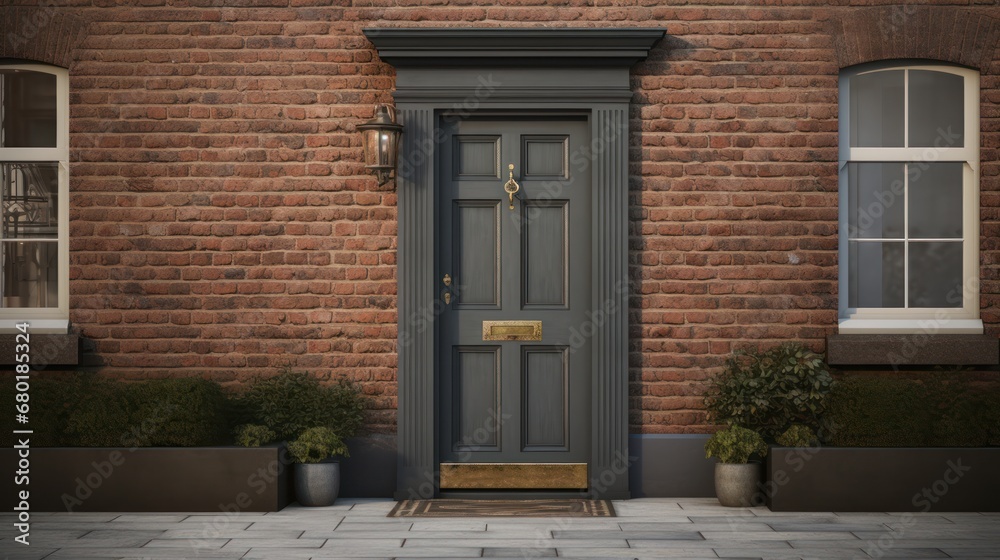 a front door of a brick building with potted plants and potted plants on either side of the door, and a brick wall with two windows on either side. a front door of a brick building with potted plants and potted plants on either side of the door, and a brick wall with two windows on either side.