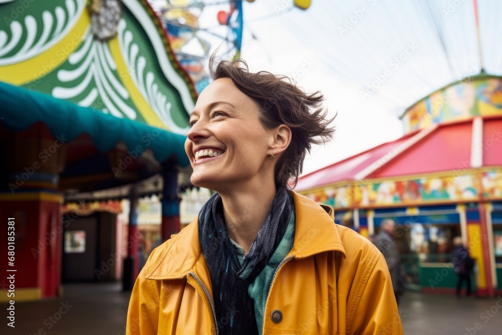 Portrait of a happy woman in her 40s wearing a lightweight packable anorak against a vibrant amusement park. AI Generation