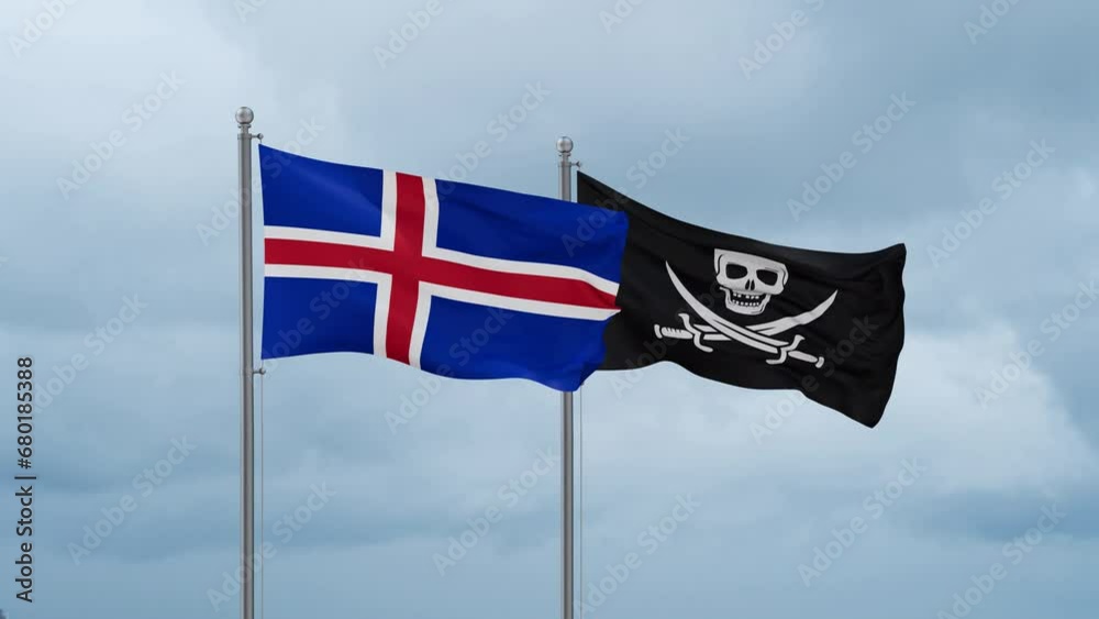 Iceland flag and Corsair flag waving together on cloudy sky, endless seamless loop Iceland flag and Corsair flag waving together on cloudy sky, endless seamless loop
