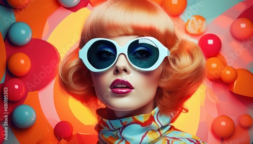 A woman in retro fashion with an orange wig and colorful background  perfect for vintage style or creative beauty concepts.