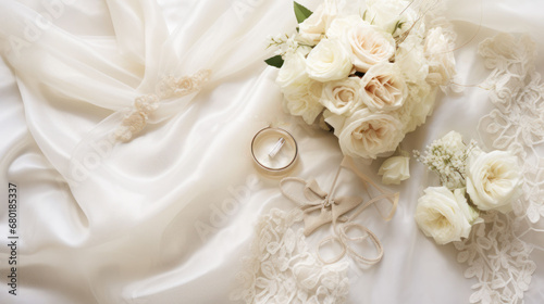  a bouquet of white flowers next to a pair of wedding rings and a pair of scissors on top of a white satin bed sheet with a pair of scissors on it.