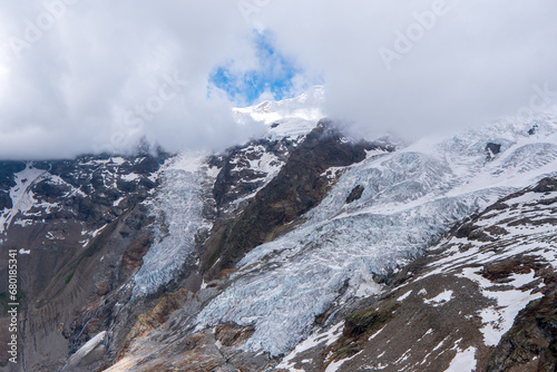 Winter Landscape in Monte Rosa Massif, Italy. Glacier on the mountain. Big glacier of Monterosa. magnificent monte rosa massif with several high summits.