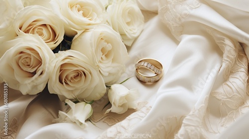  a bouquet of white roses sitting next to two wedding rings on top of a bed of white satin and a white satin with a gold ring on the end of the end of the bouquet.