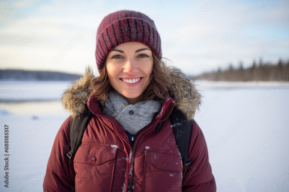 Portrait of a satisfied woman in her 30s sporting a quilted insulated jacket against a backdrop of a frozen winter lake. AI Generation Portrait of a satisfied woman in her 30s sporting a quilted insulated jacket against a backdrop of a frozen winter lake. AI Generation