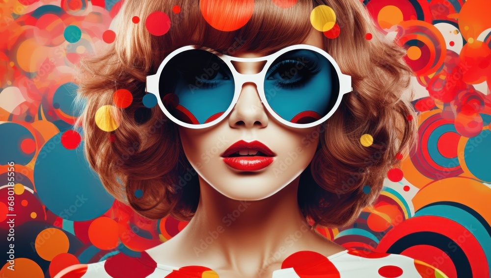 A Caucasian woman with brown hair and oversized glasses, dressed in retro fashion, against a colorful background, perfect for vintage style or creative beauty concepts.
