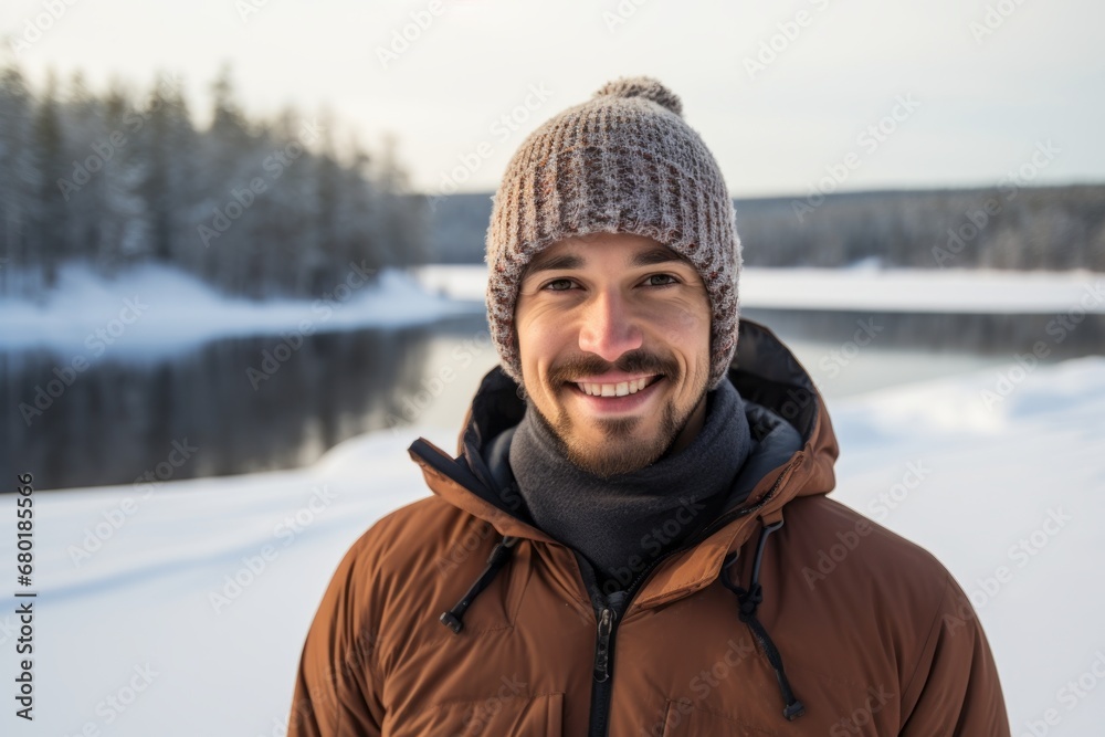 Portrait of a happy man in his 30s dressed in a warm ski hat against a backdrop of a frozen winter lake. AI Generation Portrait of a happy man in his 30s dressed in a warm ski hat against a backdrop of a frozen winter lake. AI Generation