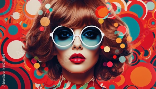 A Caucasian woman with brown hair and oversized glasses, dressed in retro fashion, against a colorful background, perfect for vintage style or creative beauty concepts. 