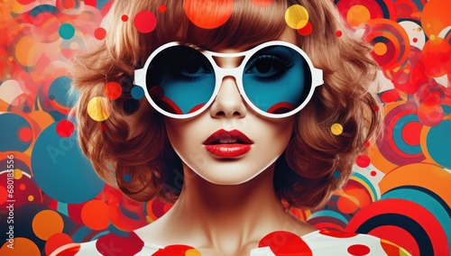 A Caucasian woman with brown hair and oversized glasses, dressed in retro fashion, against a colorful background, perfect for vintage style or creative beauty concepts. 