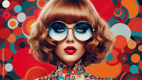 A Caucasian woman with brown hair and oversized glasses  dressed in retro fashion  against a colorful background  perfect for vintage style or creative beauty concepts. 