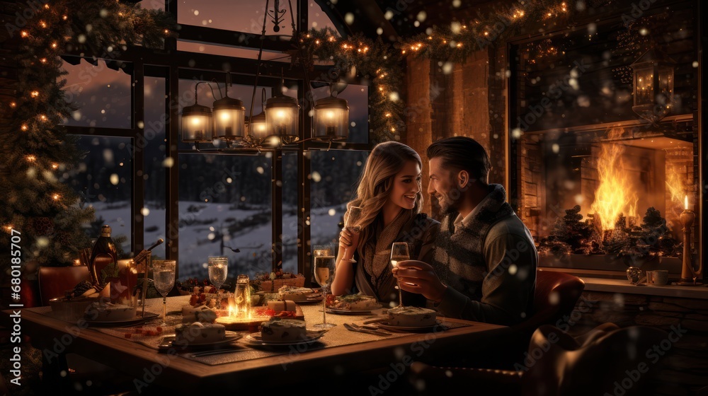 a man and a woman sitting at a table with a glass of wine in front of a fireplace in a room filled with lit candles and decorated with christmas lights. a man and a woman sitting at a table with a glass of wine in front of a fireplace in a room filled with lit candles and decorated with christmas lights.