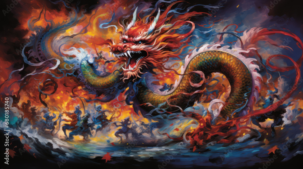 a painting of a dragon with fire coming out of it's mouth and a body of water in front of it, with a black background of red, yellow, orange, blue, and yellow, and red colors. a painting of a dragon with fire coming out of it's mouth and a body of water in front of it, with a black background of red, yellow, orange, blue, and yellow, and red colors.
