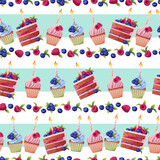 Seamless pattern with a cake decorated with cream, berries, a candle and a sparkler. Birthday muffin background. Festive texture for wrapping paper, cards, fabric, wallpaper.