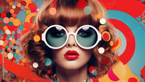 A Caucasian woman with brown hair and oversized glasses, dressed in retro fashion, against a colorful background, perfect for vintage style or creative beauty concepts.