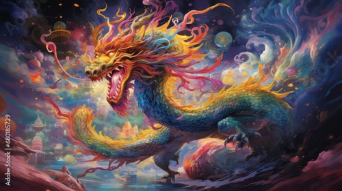  a painting of a colorful dragon in the middle of a body of water with a sky in the back ground and clouds in the middle of the sky above it.