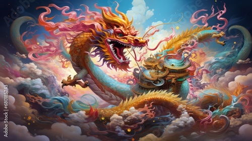 a painting of a dragon in the clouds with a man on it's back and a woman on the other side of the dragon's body in the clouds.