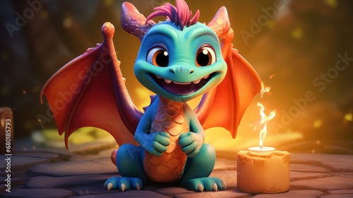  a blue dragon sitting next to a lit candle on top of a stone floor in front of a dark background with a lit candle in the middle of the foreground. © Anna