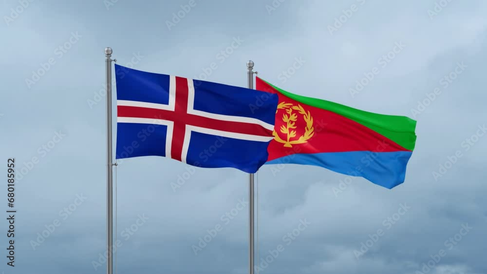 Eritrea and Iceland flag waving together on cloudy sky, endless seamless loop, two country cooperation concept Eritrea and Iceland flag waving together on cloudy sky, endless seamless loop, two country cooperation concept