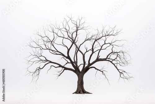 A desolate, leafless tree on a bright white backdrop.