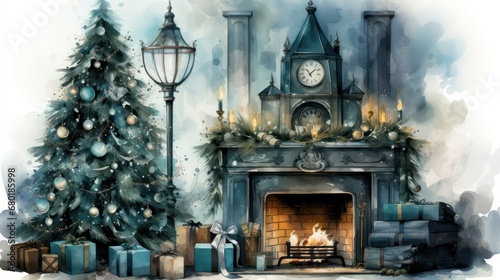  a watercolor painting of a fireplace with a christmas tree in front of it and a clock on the top of the fireplace and presents in front of the fireplace.
