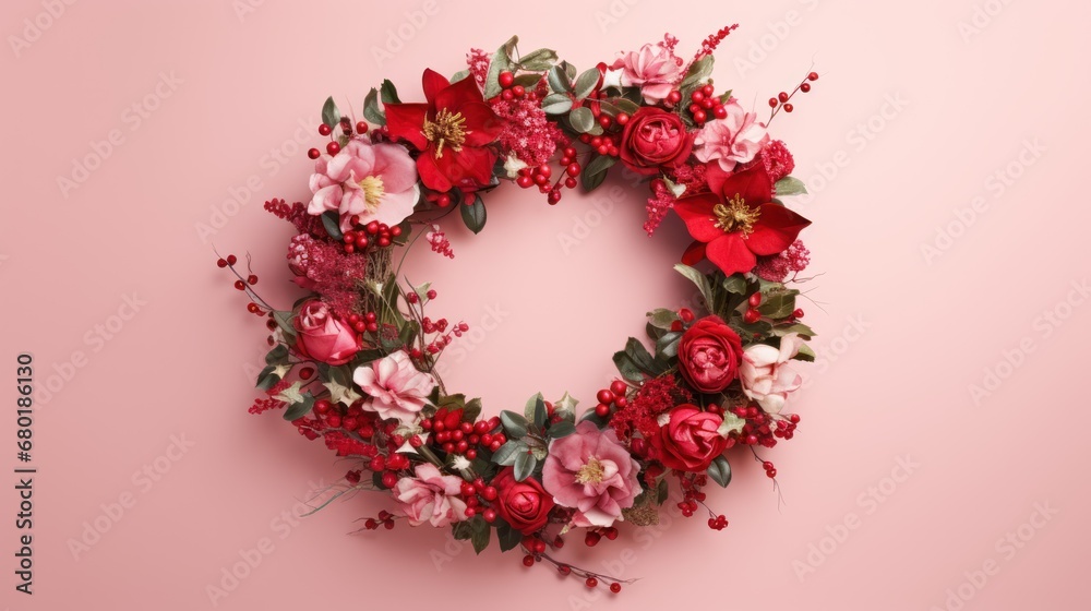  a wreath of red flowers and greenery on a pink background with a place for the inscription of the word happy valentine's day written in the center of the wreath.