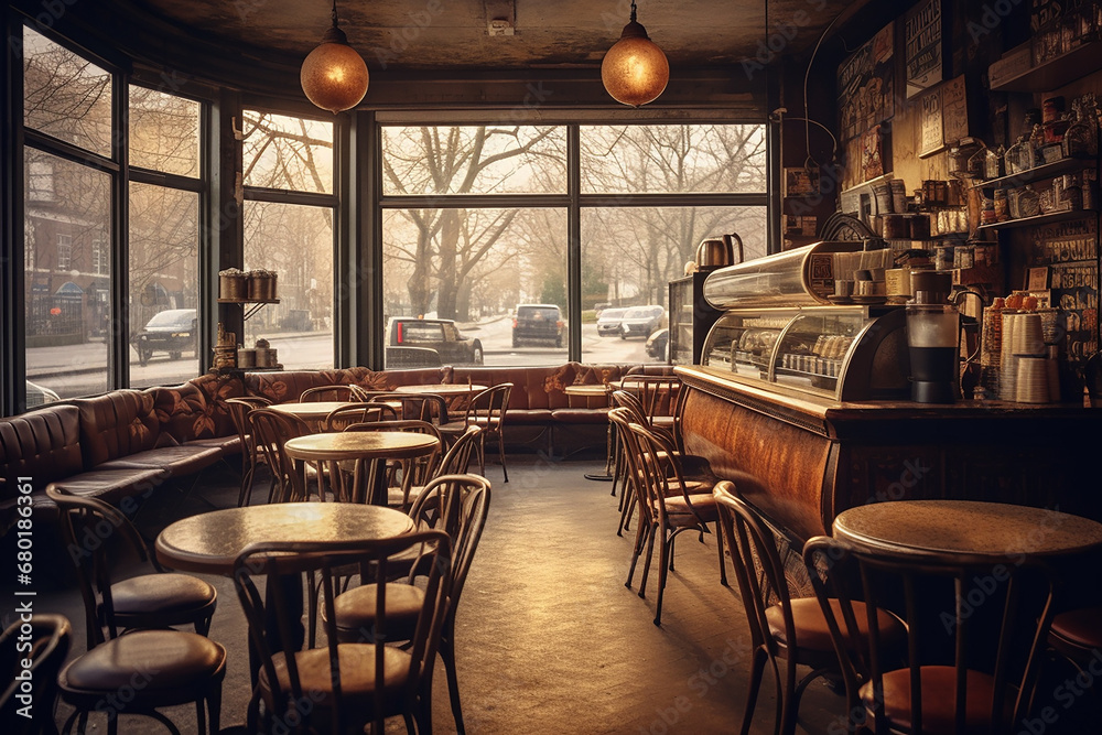 Cozy cafe interior with wooden tables and chairs, a counter, and large windows overlooking a street. Vintage style