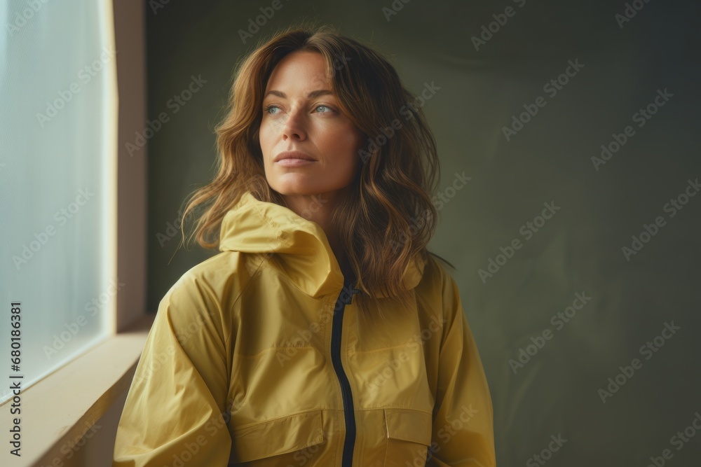 Portrait of a glad woman in her 40s wearing a lightweight packable anorak against a serene meditation room. AI Generation Portrait of a glad woman in her 40s wearing a lightweight packable anorak against a serene meditation room. AI Generation