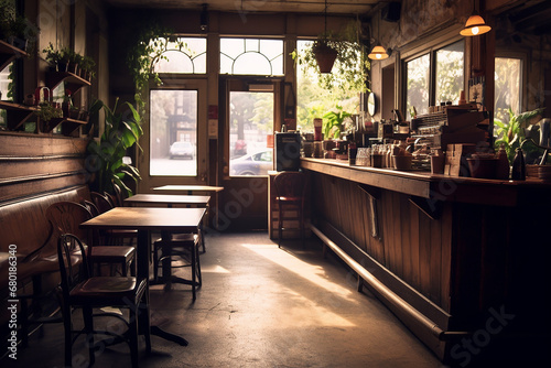 Cozy vintage cafe interior with wooden tables, a serving counter, and warm lighting © Hype2Art