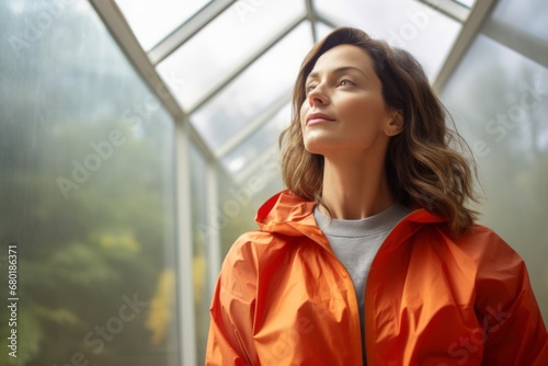 Portrait of a glad woman in her 40s wearing a lightweight packable anorak against a serene meditation room. AI Generation photo