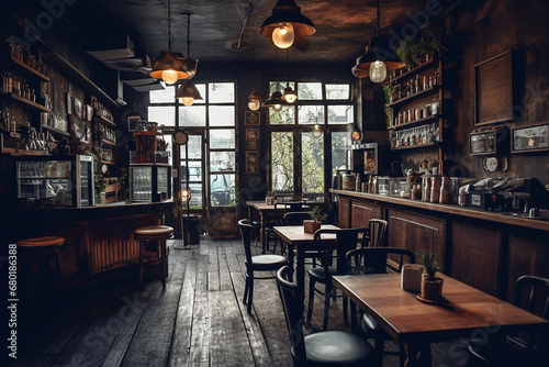 Cozy cafe interior with wooden tables and chairs, a counter, and large windows overlooking a street