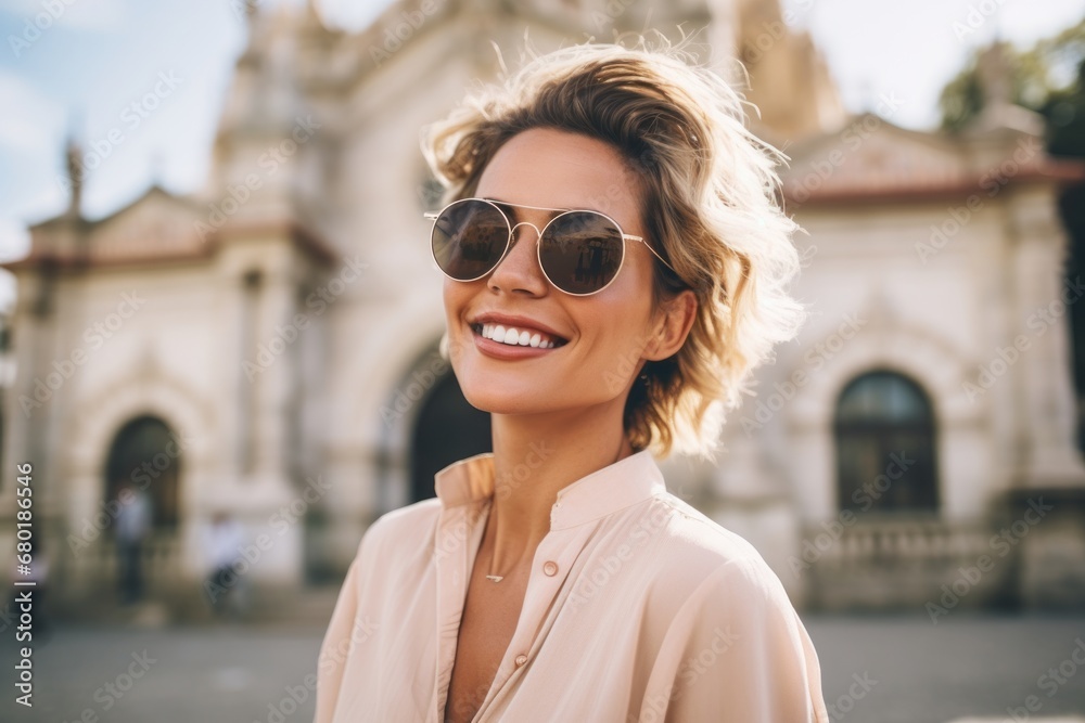 Portrait of a smiling woman in her 40s wearing a trendy sunglasses against a backdrop of a grand castle. AI Generation Portrait of a smiling woman in her 40s wearing a trendy sunglasses against a backdrop of a grand castle. AI Generation