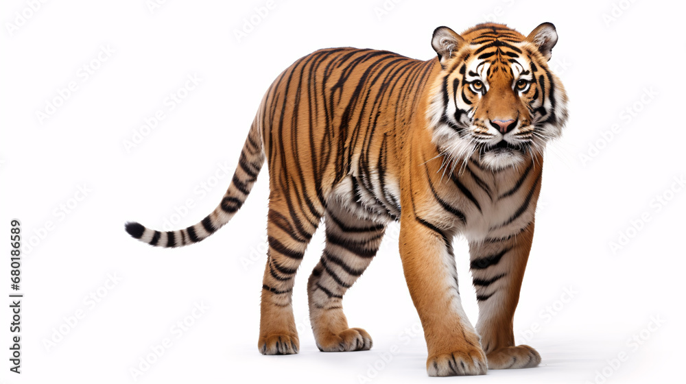 Fototapeta premium A regal striped feline hunts its quarry, framed in a milky backdrop of white.