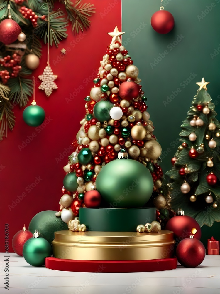 Red and Green 3D luxury Christmas presentation with golden podium display on red background, illustration for advertising cosmetic products, christmas gifts and many others, Generative AI.