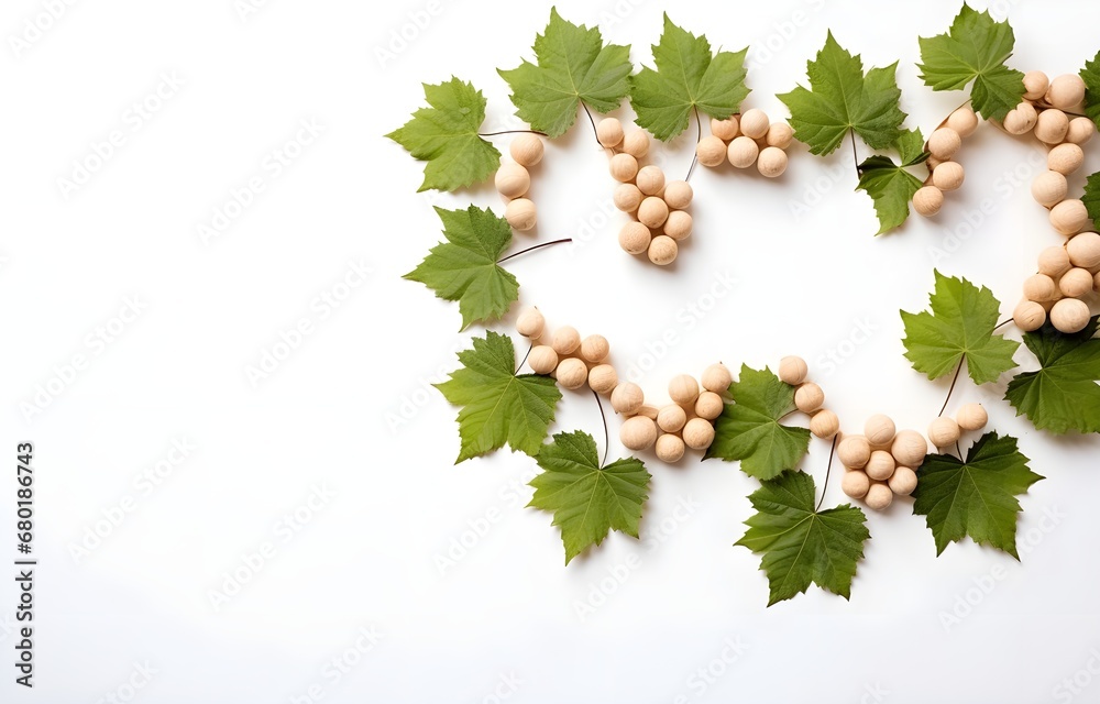 Wine corks with grape leaves on white background