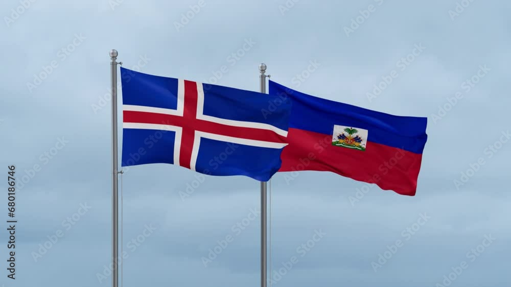 Haiti flag and Iceland flag waving together on cloudy sky, endless seamless loop, two country relations concept Haiti flag and Iceland flag waving together on cloudy sky, endless seamless loop, two country relations concept