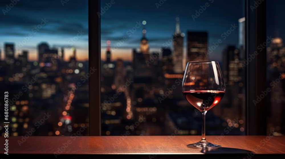  a glass of wine sits on a table in front of a window overlooking a cityscape at night with a view of skyscrapers and skyscrapers in the distance.