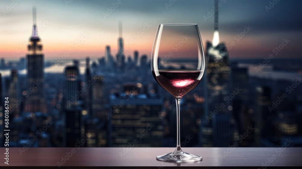  a glass of wine on a table in front of a view of a city at night with a red light in the middle of the glass and a red light in the middle of the glass.