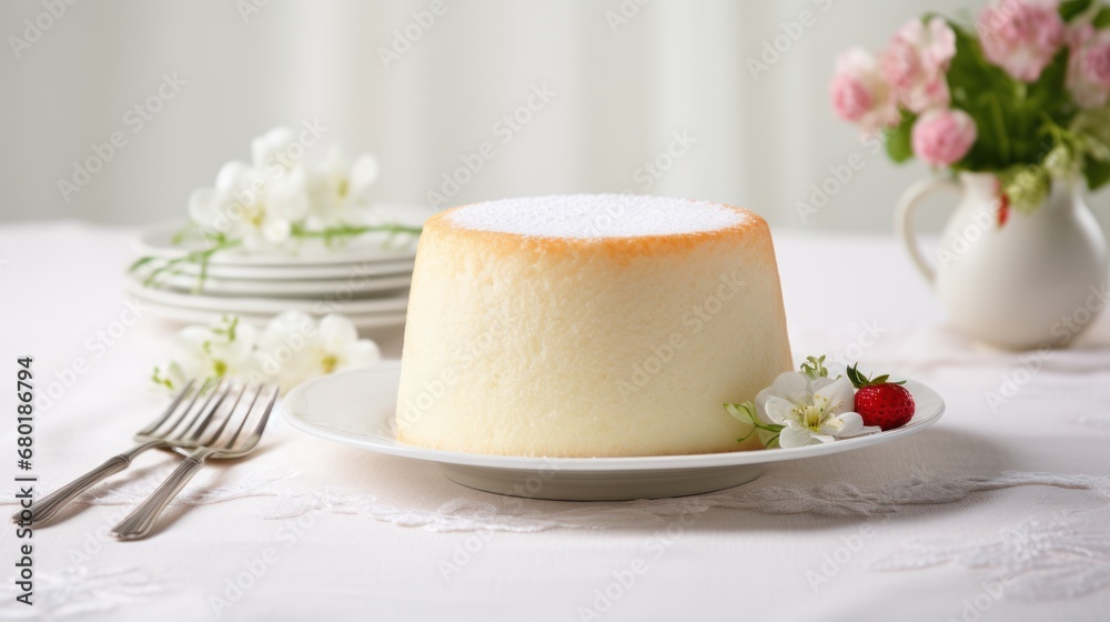 a close up of a cake on a plate on a table with a vase of flowers and a fork and a plate with a piece of cake on a table cloth. a close up of a cake on a plate on a table with a vase of flowers and a fork and a plate with a piece of cake on a table cloth.