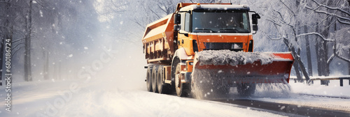 A snowplow removes snow from the road during a winter snowstorm or after a snowfall. The work of city services during a snowstorm and snow removal