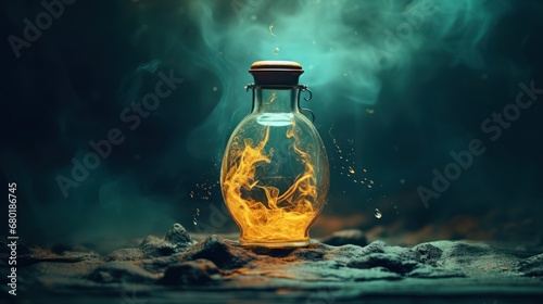  a glass bottle filled with liquid sitting on top of a pile of rocks in the middle of a dark room with smoke coming out of the top of the bottles.