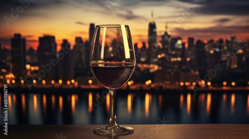  a glass of wine sitting on a table with a view of a city in the background of a sunset over a body of water and a body of water.