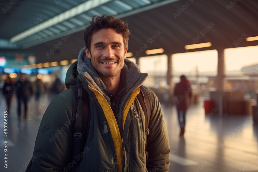 Portrait of a smiling man in his 30s sporting a quilted insulated jacket against a bustling airport terminal background. AI Generation
