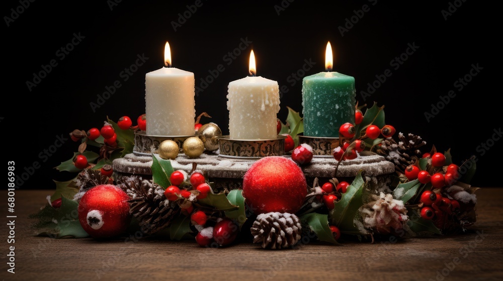  a group of three candles sitting on top of a table next to a christmas wreath and a pine cone with berries and pine cones on top of a wooden table.